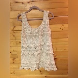 Vintage North South crocheted natural color blouse. Sleveless, Low round collar.